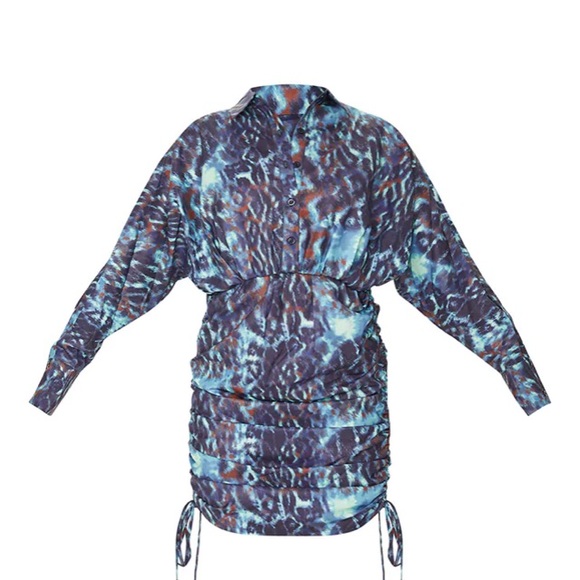 Multi Animal Print Ruched Waist Shirt Style Dress - Picture 2 of 6